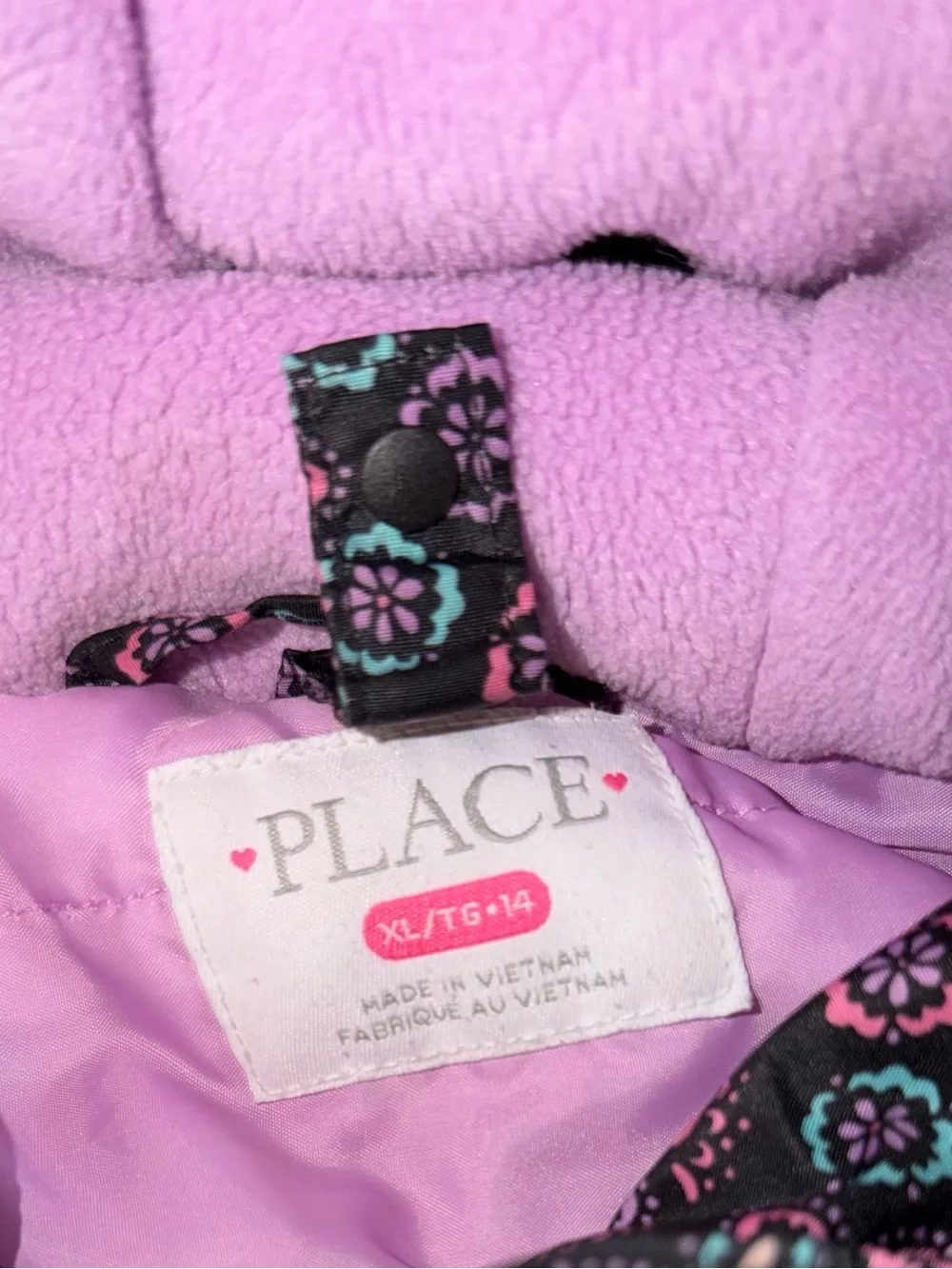The Children's Place Black Floral-Print Hooded Puffer Jacket with Purple Lining